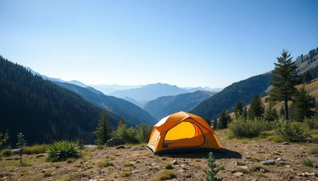 Generate an image of a high-quality camping tent in a serene mountain valley.