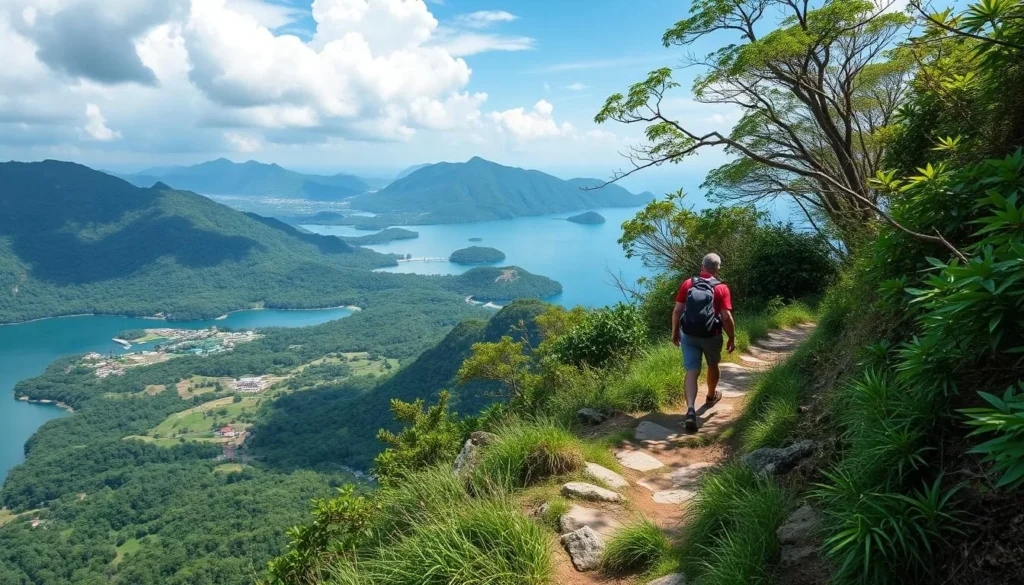 Generate an image of a hiker on Angso Island's trail