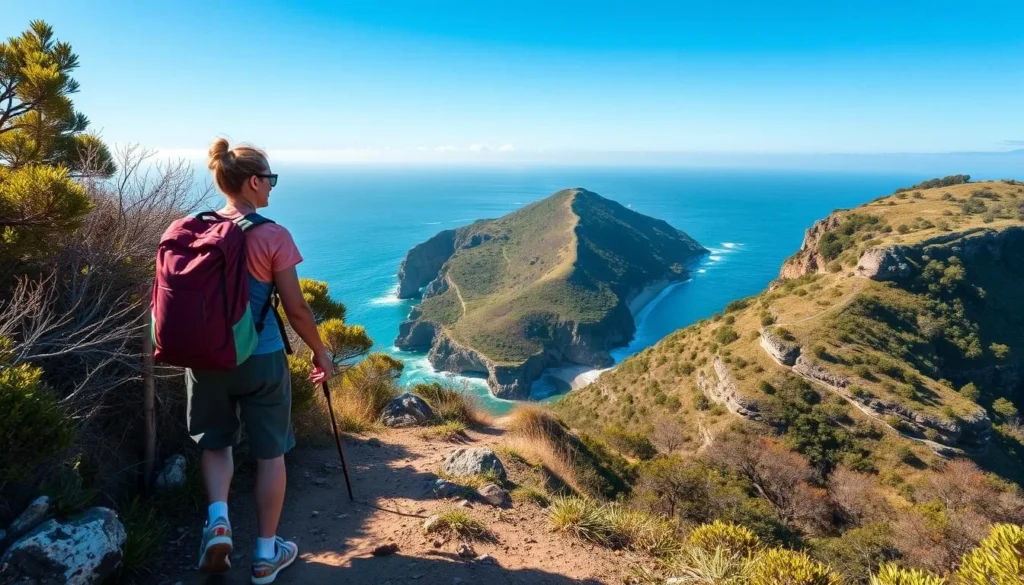 Generate an image of a hiker on Ilha do Farol's scenic trail with a breathtaking view of the coastline.