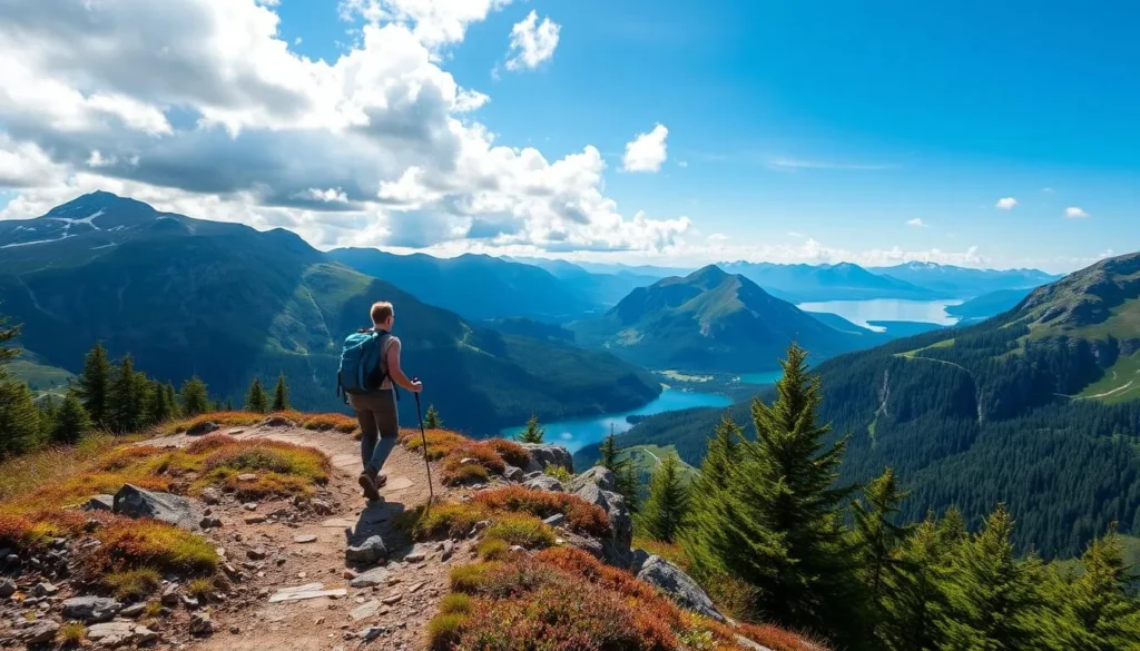 Generate an image of a hiker on a trail in Lillehammer, Norway