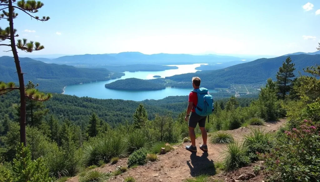 Generate an image of a hiker on a trail surrounding Slapy Reservoir, with a panoramic view of the reservoir in the background.