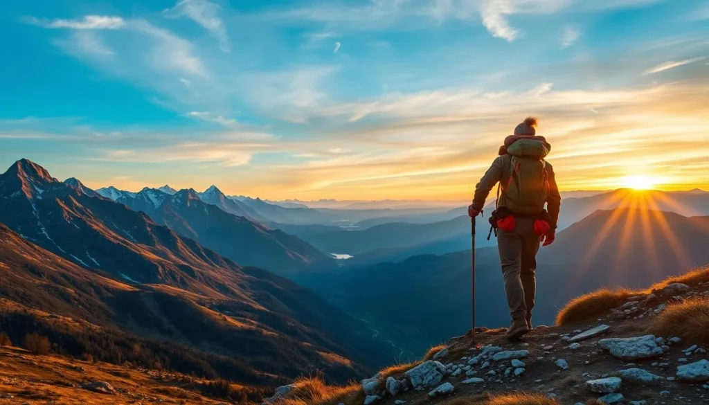 Generate an image of a hiker on the King's Trail in the Aigert Mountains, Sweden.