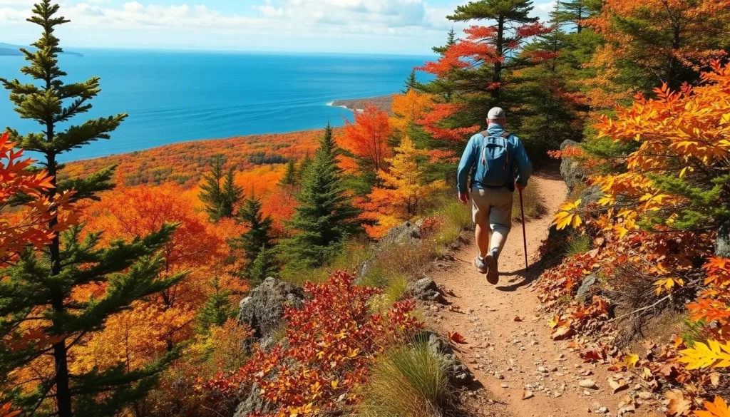 Generate an image of a hiker on the Ocean Path trail in Acadia National Park during the fall season.