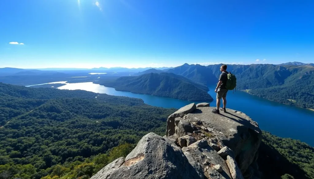 Generate an image of a hiker standing at the edge of a cliff, overlooking the vast rainforest and Brokopondo Reservoir.