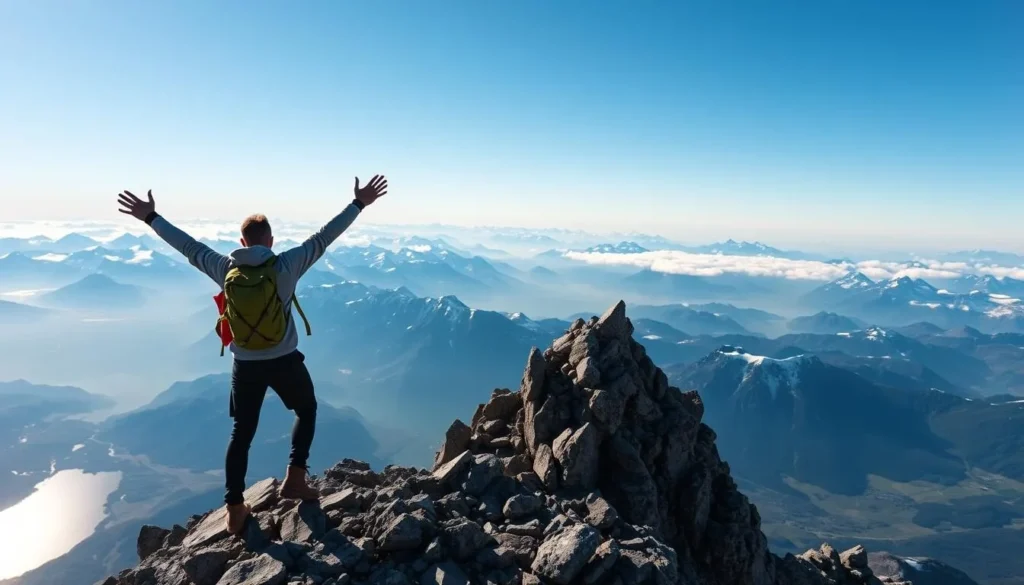 Generate an image of a hiker standing at the summit of Snøhetta, with panoramic views of the Dovrefjell mountains.