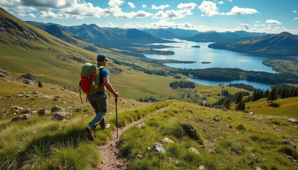 Generate an image of a hiker walking on the Sörmlandsleden trail surrounded by serene lakes and meadows.