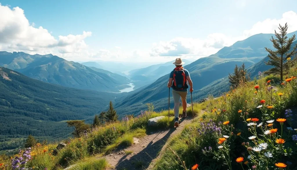 Generate an image of a hiker walking through Moldemarka's hiking trails during summer.
