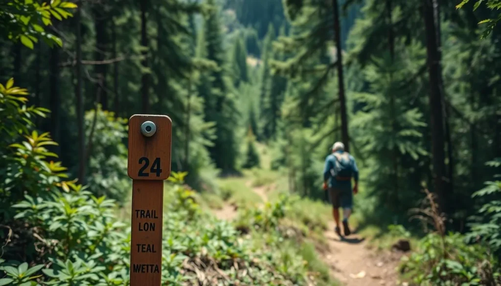 Generate an image of a hiker walking through a dense forest with a trail marker in the foreground.
