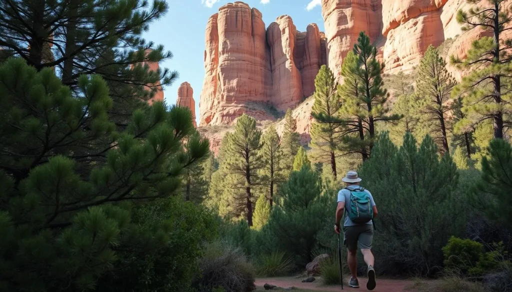 Generate an image of a hiker walking through a dense forest with sandstone rock formations in the background.