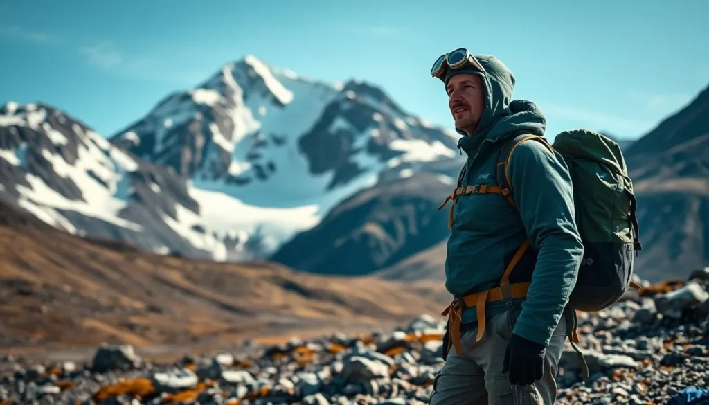Generate an image of a hiker with essential gear at the base of Kebnekaise Mountain