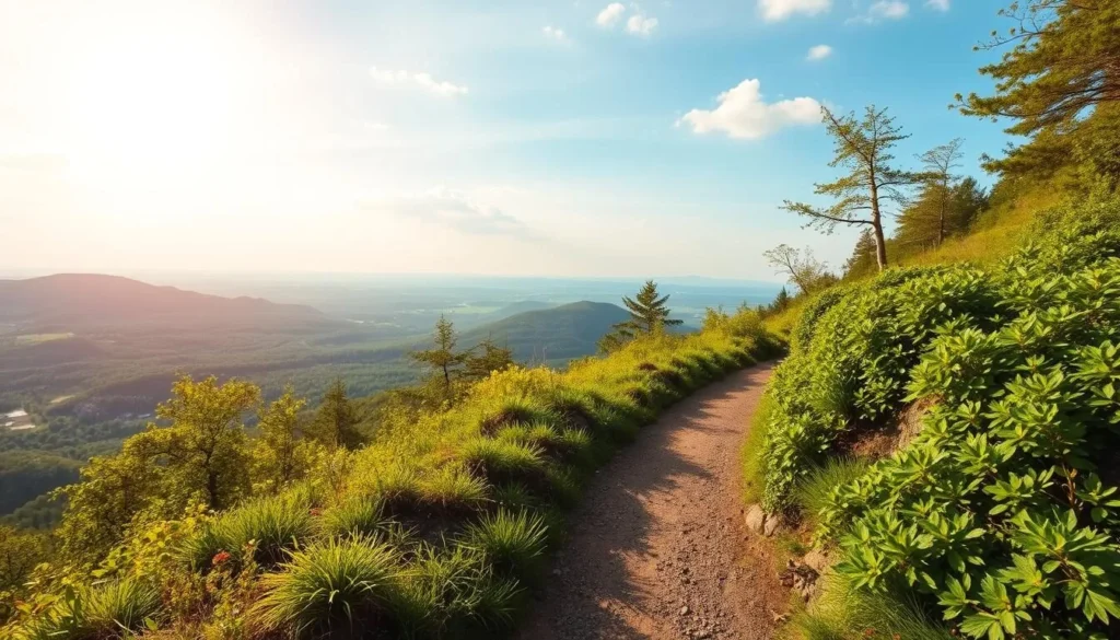 Generate an image of a hiking trail in Podyjí National Park with lush vegetation and a scenic view.