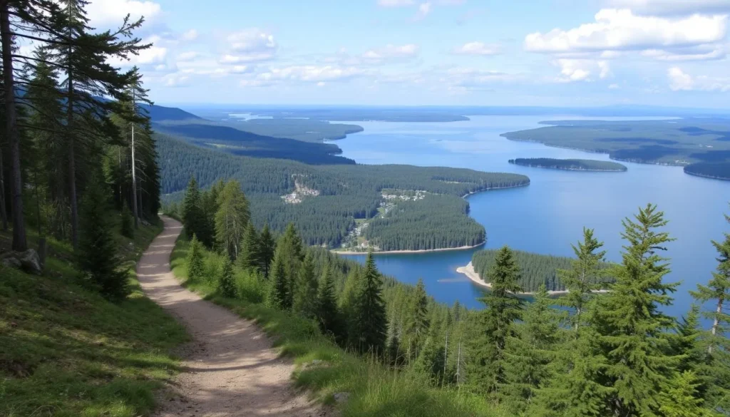 Generate an image of a hiking trail or cycling route in Jämsä, Finland, winding through forests and along lakeshores.