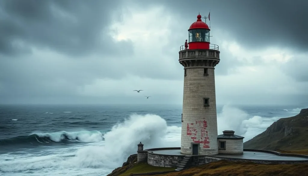Generate an image of a historic Brittany lighthouse standing tall against a dramatic Atlantic storm backdrop.