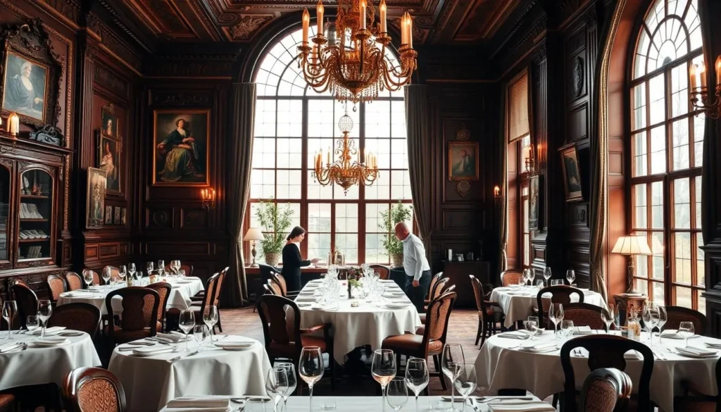 Generate an image of a historic, luxurious dining room with impeccable service.