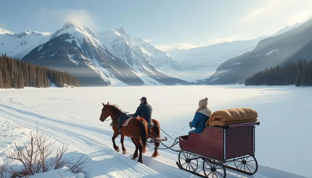 Generate an image of a horse-drawn sleigh ride through a snowy landscape in Lake Louise.