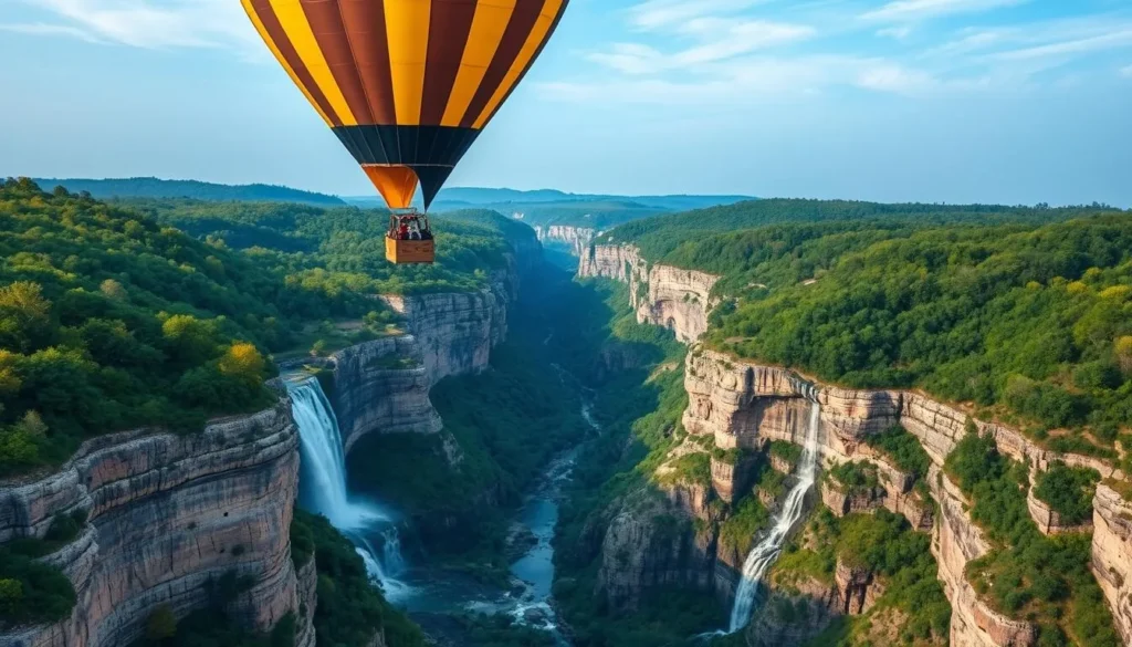 Generate an image of a hot air balloon flying over Letchworth State Park's gorge, offering a bird's-eye view of the waterfalls and canyon.