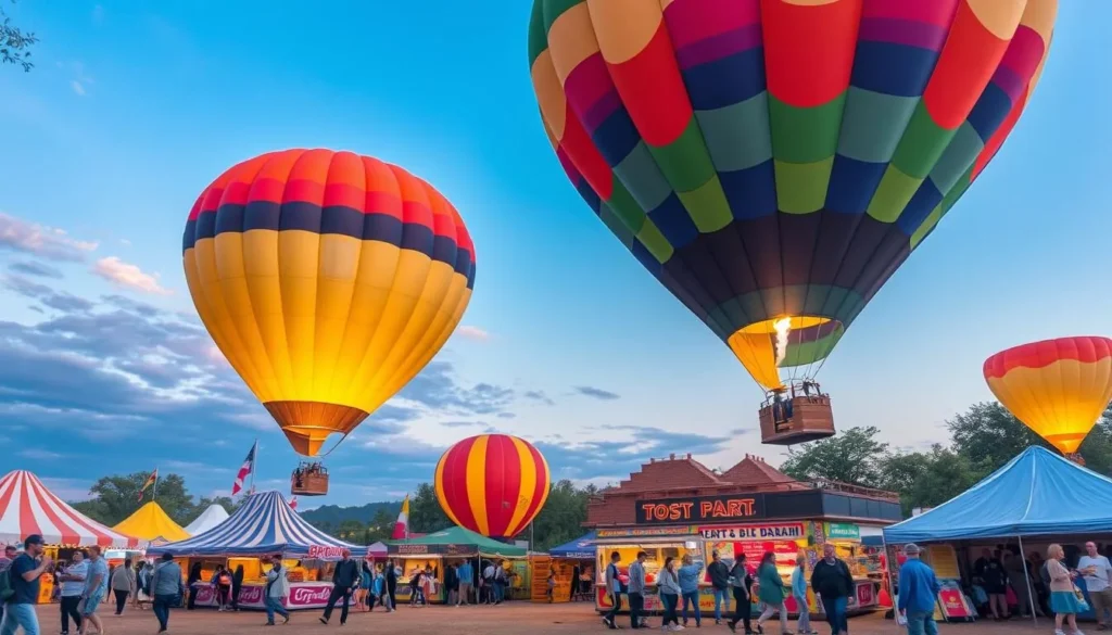 Generate an image of a hot air balloon launch over a festival grounds with spiedie food vendors Generate an image of a hot air balloon launch over a festival grounds with spiedie food vendors