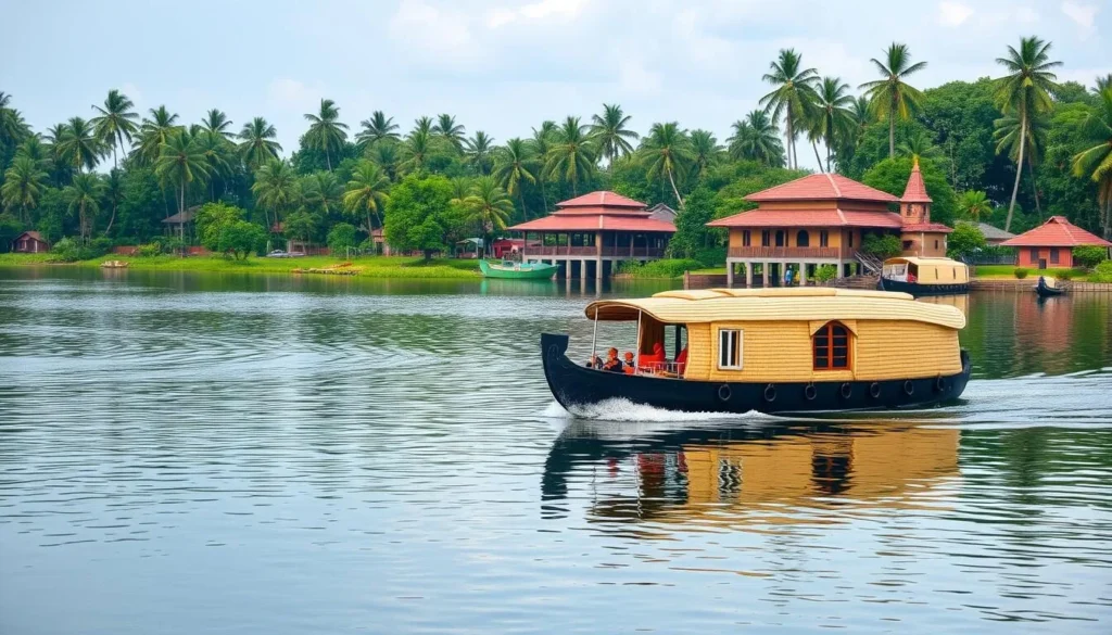 Generate an image of a houseboat cruising on Vembanad Lake