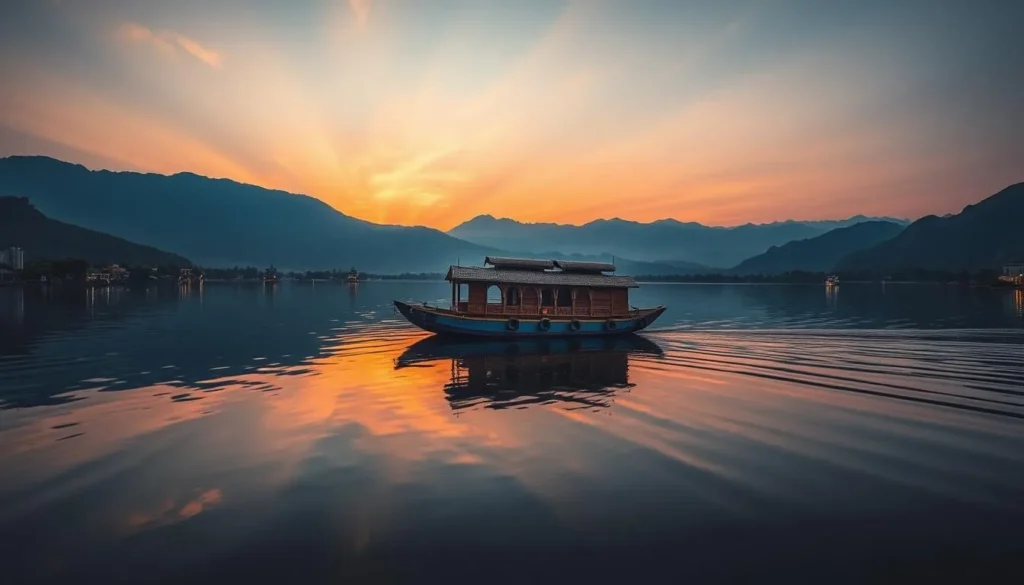Generate an image of a houseboat on Dal Lake with the Zabarwan mountains in the background.