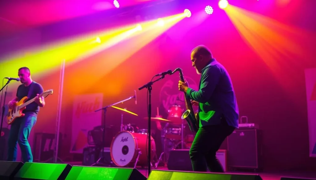Generate an image of a jazz band performing on stage at the Vilnius Jazz Festival.