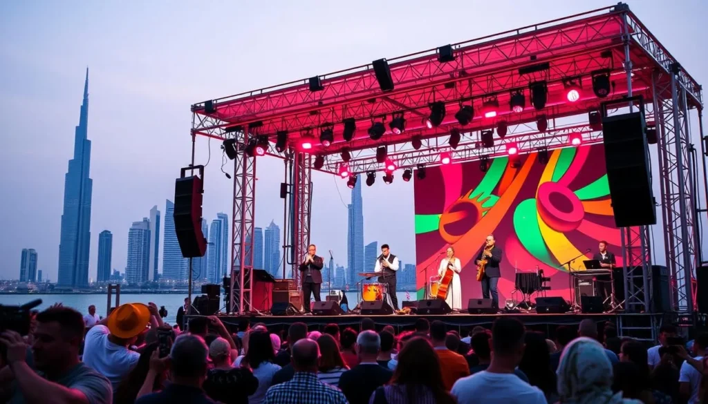 Generate an image of a jazz festival in Abu Dhabi with a stage setup featuring renowned musicians.