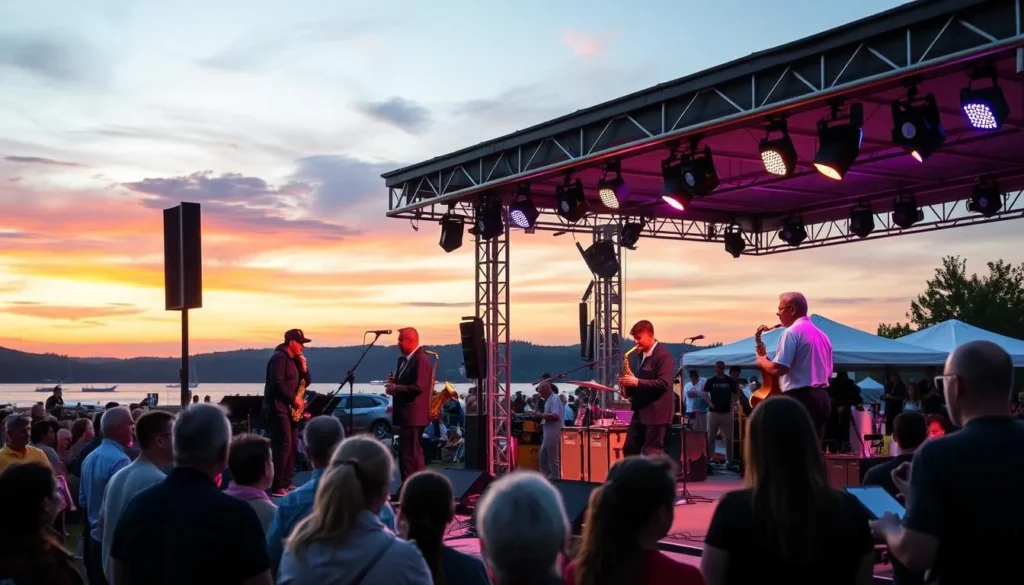 Generate an image of a jazz performance at an outdoor stage in Kaunas.