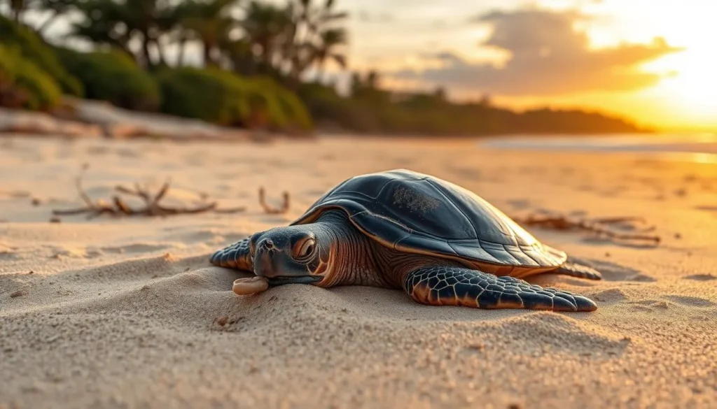 Generate an image of a leatherback turtle nesting on the beach at Galibi Nature Reserve.