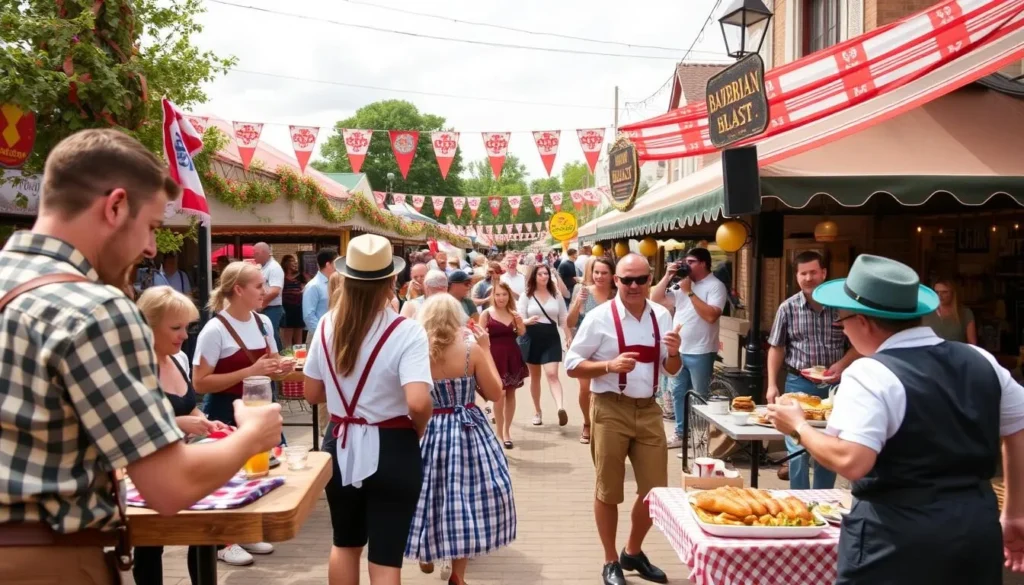 Generate an image of a lively Bavarian Blast celebration in New Ulm, featuring German music, dancing, and authentic food.