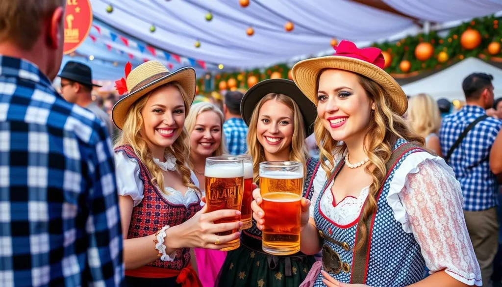 Generate an image of a lively Oktoberfest celebration in Blumenau, with people dressed in traditional German attire, enjoying beer and music.