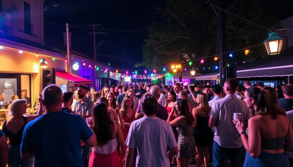 Generate an image of a lively nightlife scene in Palanga, with people enjoying music and dancing.