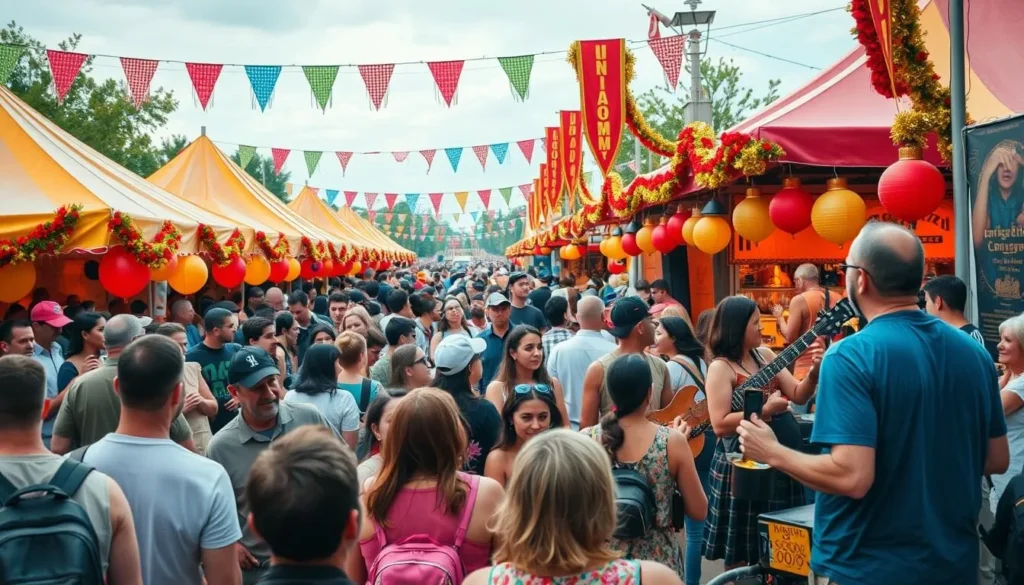 Generate an image of a lively outdoor festival with people enjoying music and comedy performances.