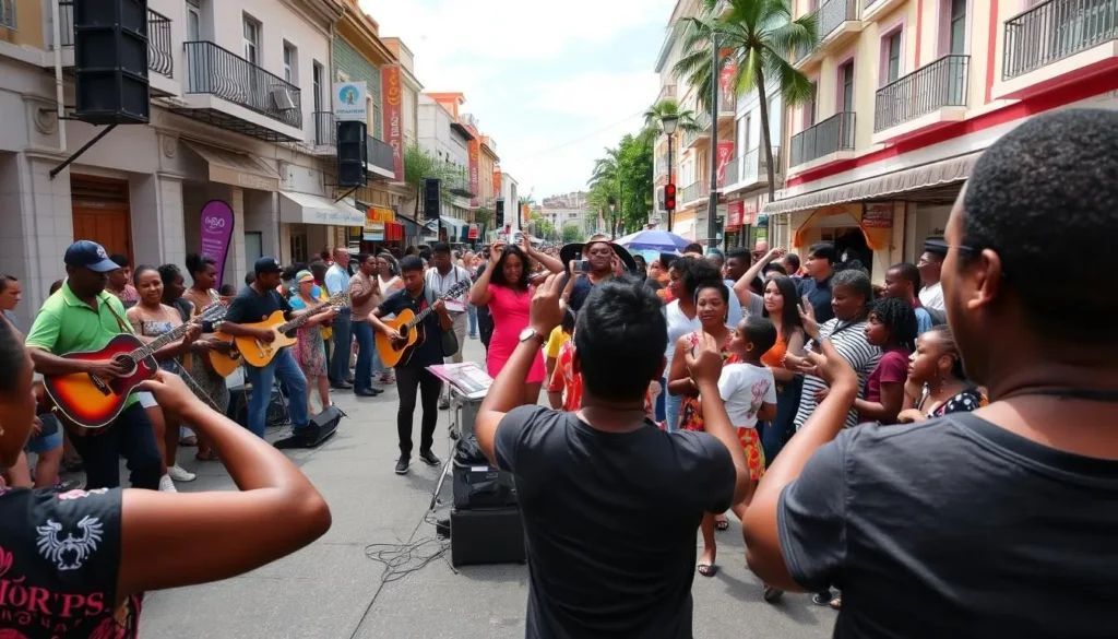 Generate an image of a lively street performance during Fête de la Musique in Cayenne.