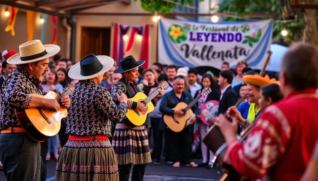 Generate an image of a lively vallenato performance at the Festival de la Leyenda Vallenata.