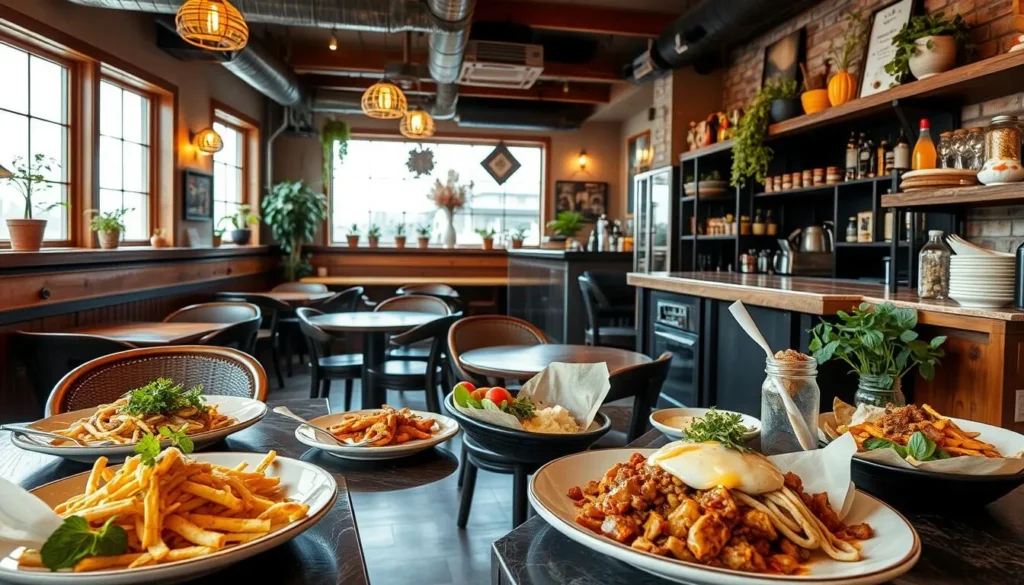 Generate an image of a local Nanton restaurant, showcasing its cozy atmosphere and delicious dishes made with fresh local ingredients.