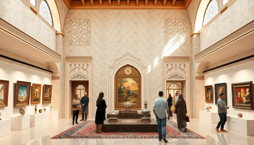 Generate an image of a local cultural center in Karaj, featuring a traditional Iranian art exhibition.