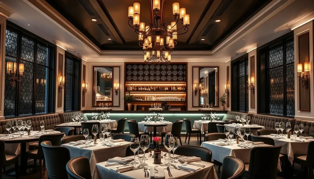 Generate an image of a luxurious French fine dining restaurant in Brasilia, with elegant decor and a sophisticated ambiance.