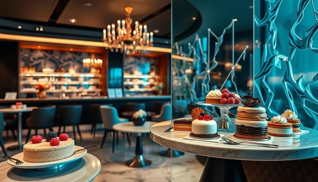 Generate an image of a luxurious dessert lounge in Brasilia with elaborate desserts.