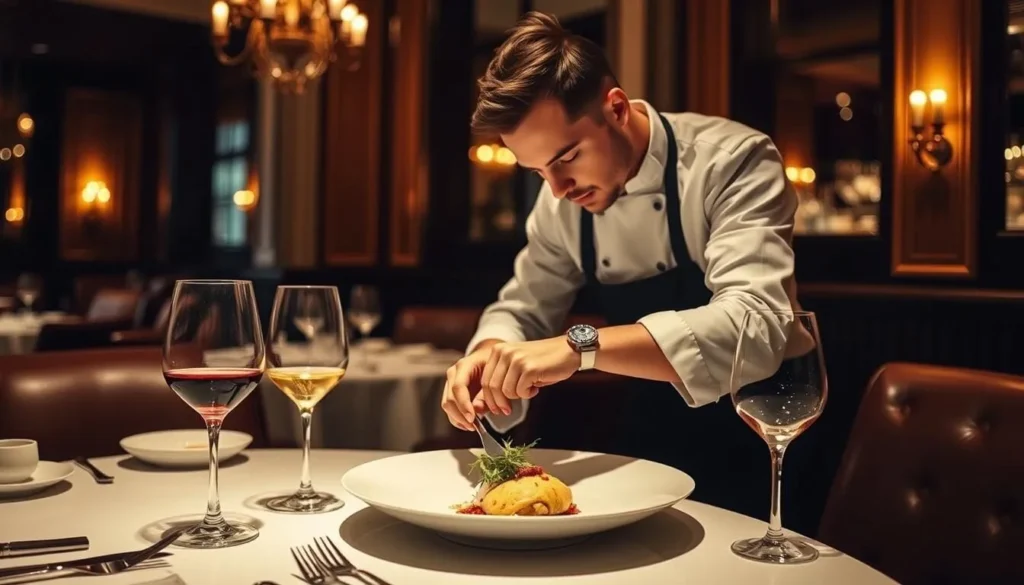 Generate an image of a luxurious, intimate dining setting with a chef preparing a unique dish.