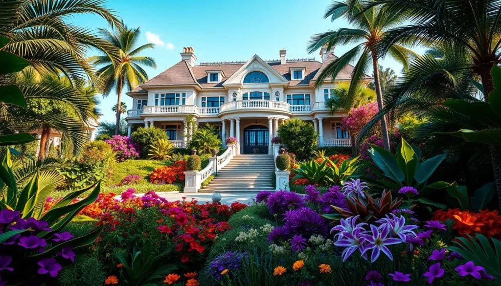 Generate an image of a majestic Gold Coast mansion surrounded by lush gardens.