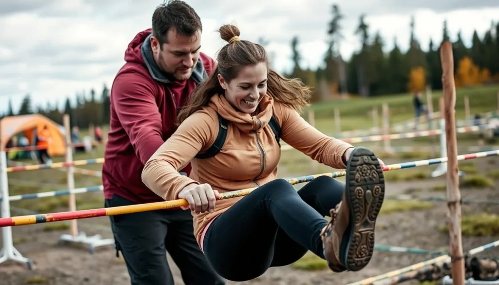 Generate an image of a man carrying a woman through an obstacle course in Sonkajärvi.
