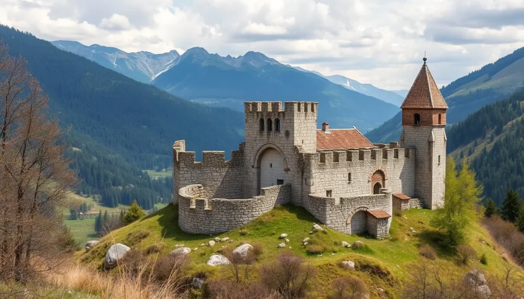 Generate an image of a medieval castle ruin in the White Carpathians.