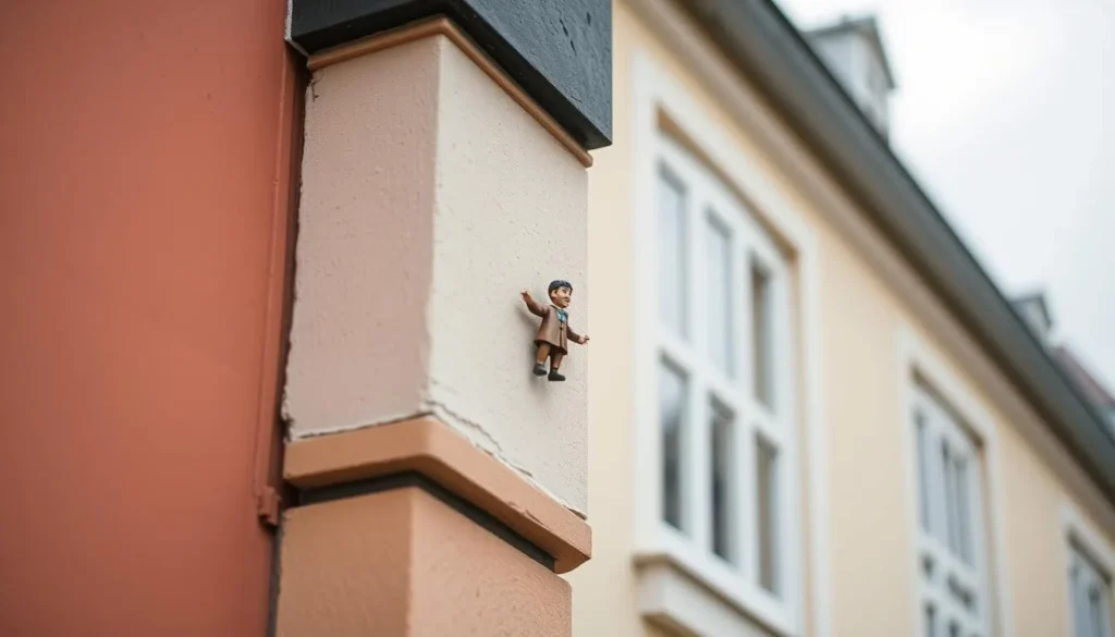 Generate an image of a miniature figurine hidden on a building in Borås.