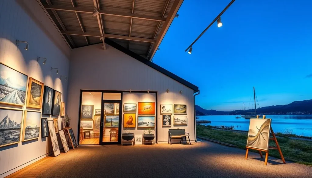 Generate an image of a modern art gallery in Stavern, Norway, featuring local artists' work.