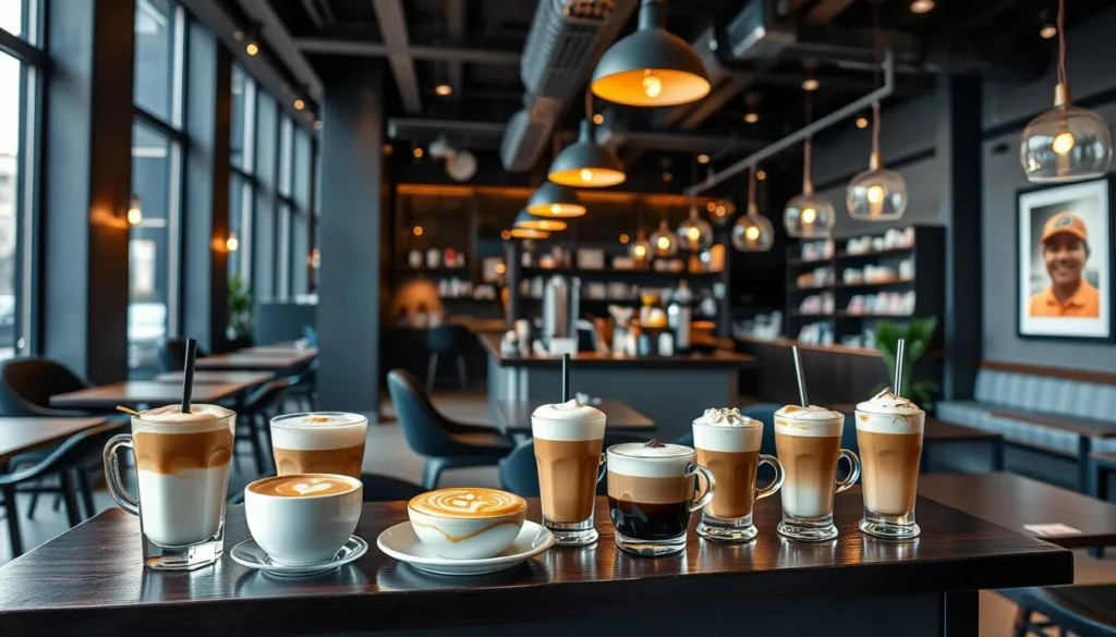 Generate an image of a modern café with a sleek interior and a variety of coffee drinks.