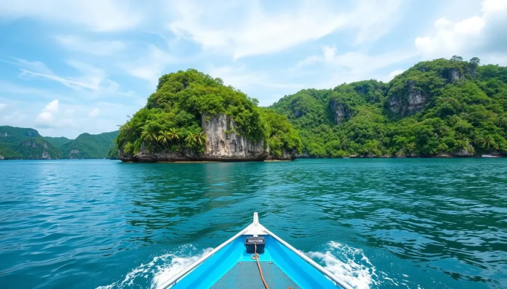 Generate an image of a motorboat ride to Pathiramanal Islands