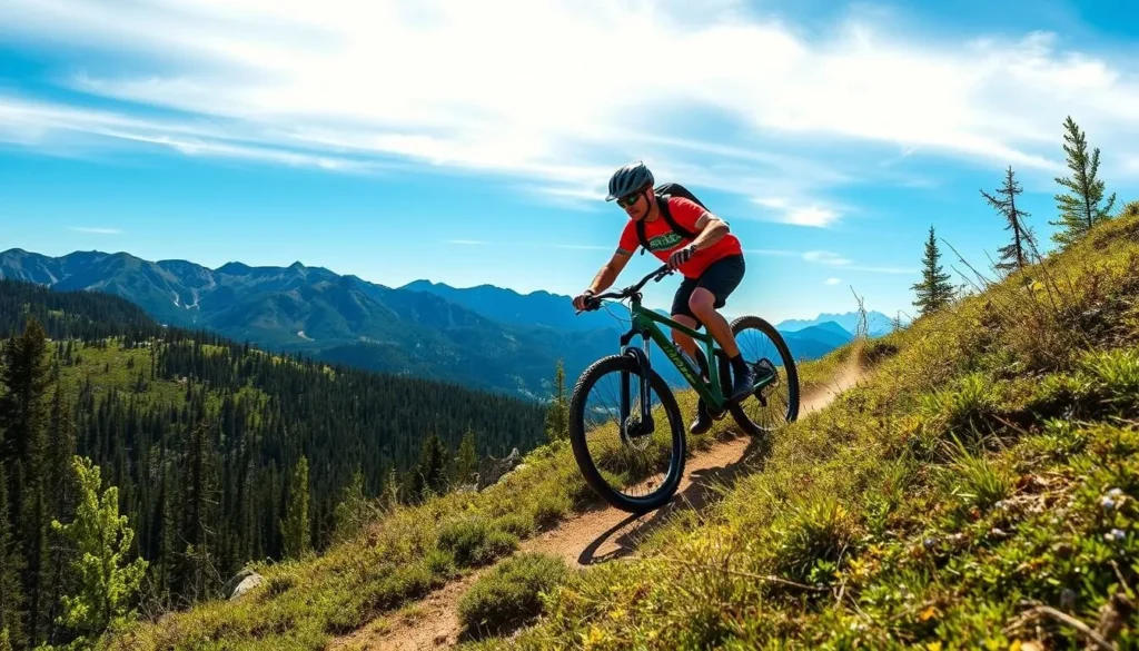 Generate an image of a mountain biker riding on the South Chilcotin trails.