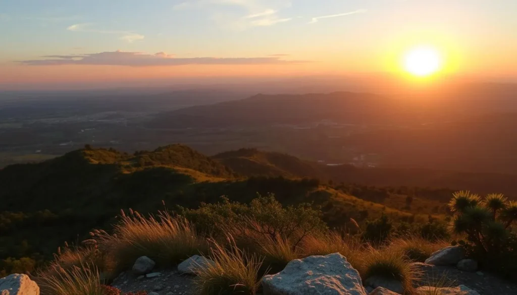 Generate an image of a panoramic view from a hilltop in the Drahany Highlands during golden hour.