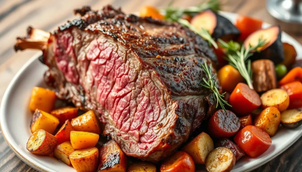 Generate an image of a perfectly roasted prime rib with a side of roasted vegetables.