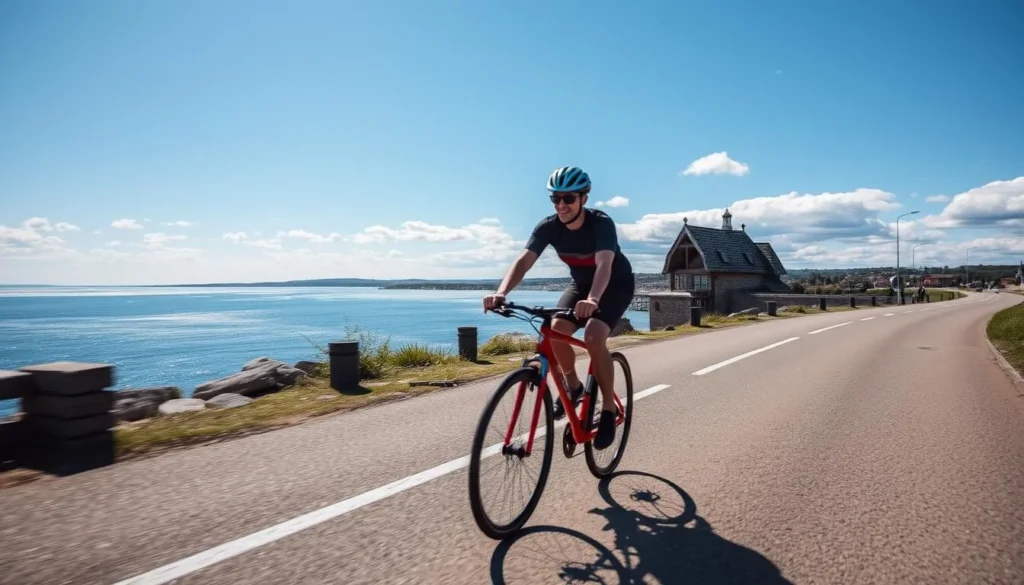 Generate an image of a person biking along the Espoo coastline with scenic views.