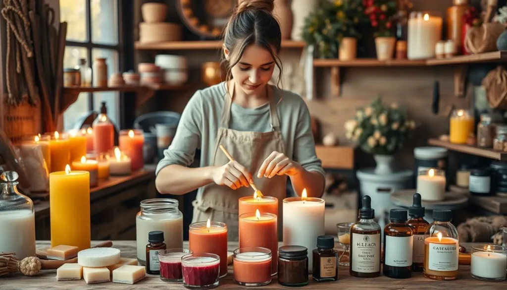 Generate an image of a person making candles in a cozy workshop setting with various colored wax and fragrances.